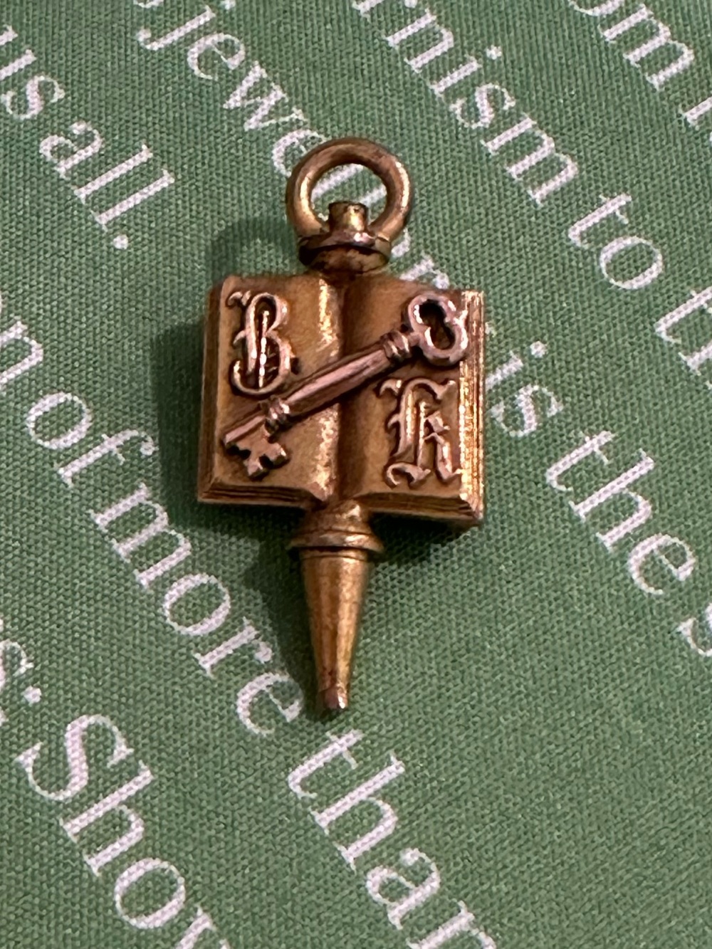 Vintage Gold Filled Book & Key Pendant Charm / Brooch- Gold Tone